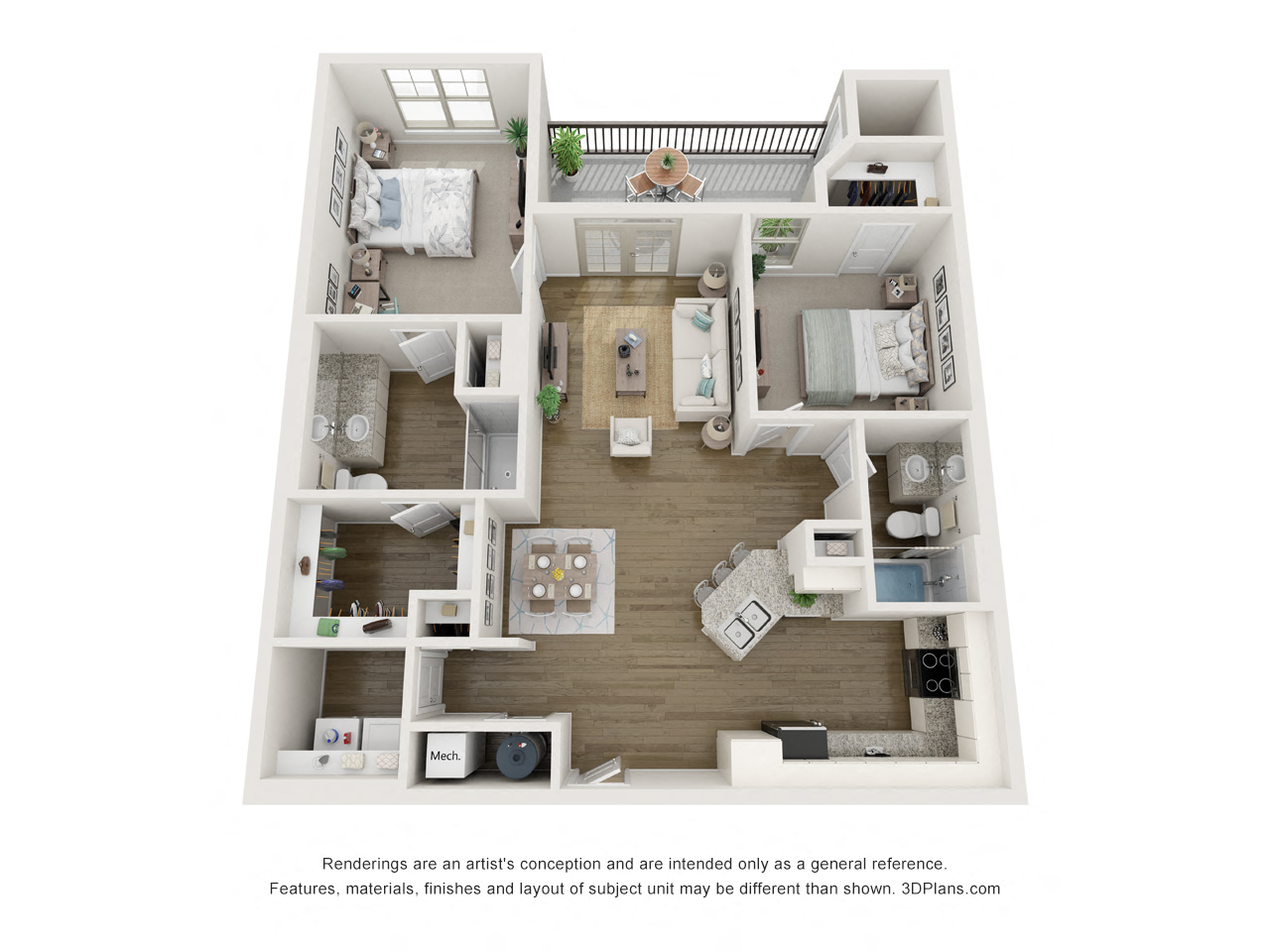 Floor plan for 2 beds, 2 baths, 1124 sqft